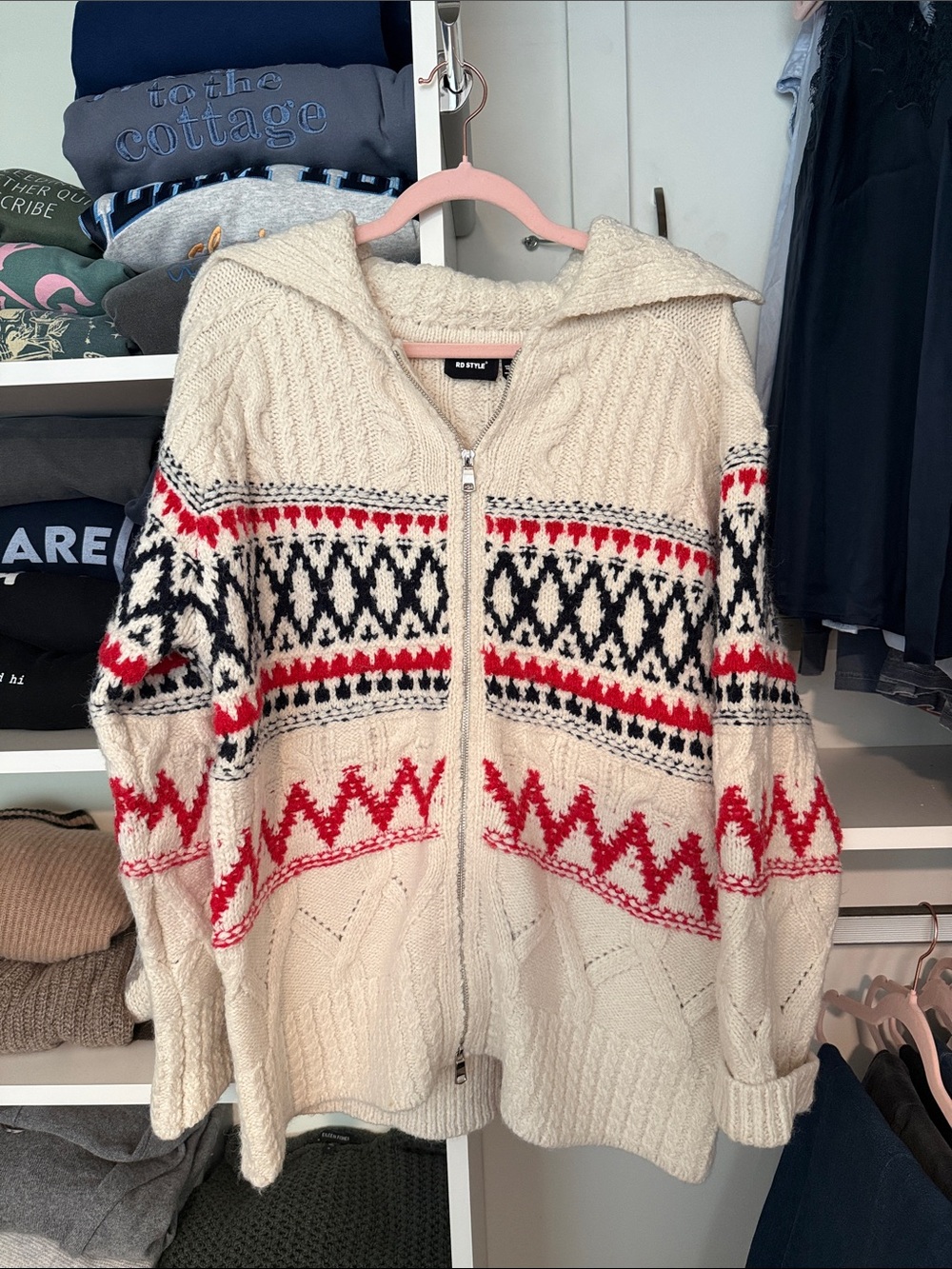 RD Style Cream Hooded Cable Knit Zip Cardigan with Red & Black Fair Isle